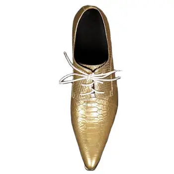 Золотые Свадебные туфли, Увеличивающие рост, Серебряные Мужские Модельные туфли из натуральной кожи На высоком Каблуке, Туфли на шнуровке с острым носком для карьеры